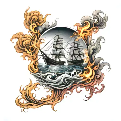 ships burning tattoo design idea