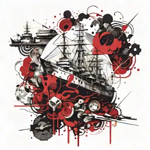 ships at port burning tattoo design idea
