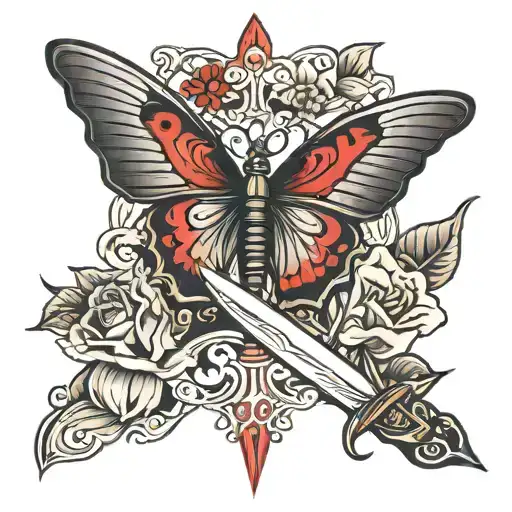 sword on the black and red  butterfly tattoo design idea