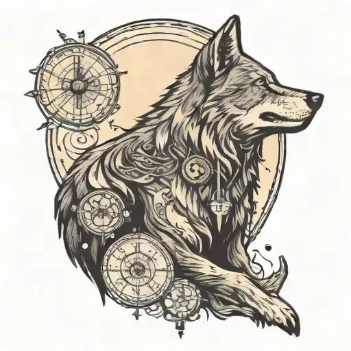 A mysterious wolf with glowing eyes, surrounded by a halo of moon phases and occult symbols tattoo design idea