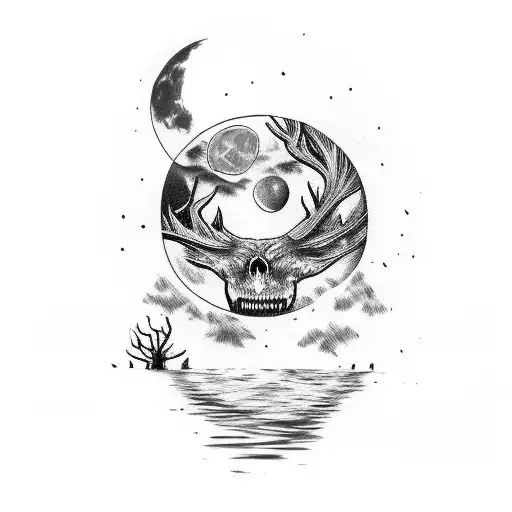 broken ribs with moon in the back  tattoo design idea