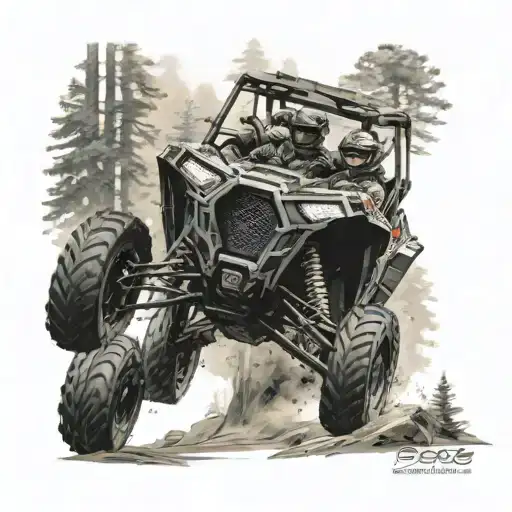 A detailed Polaris RZR racing through a forest filled with deer tattoo design idea