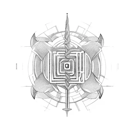 A blackwork tattoo of the labyrinth of the Minotaur, with a hidden data symbol at its center tattoo design idea