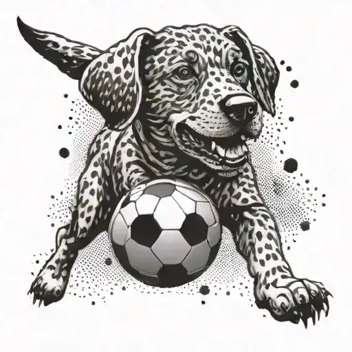 A dotwork tattoo of a stylized dog playing soccer tattoo design idea