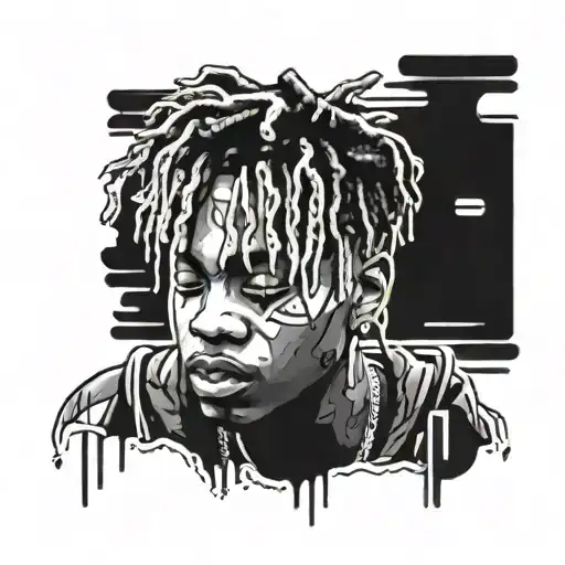 A detailed portrait of Juice WRLD with music notes flowing around him tattoo design idea