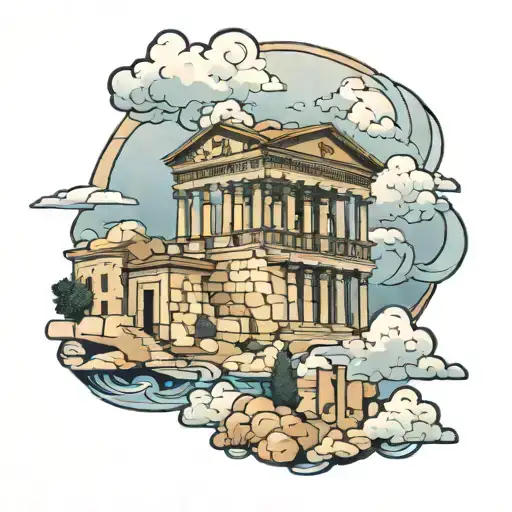 Greek style, old Greek buildings, clouds tattoo design idea