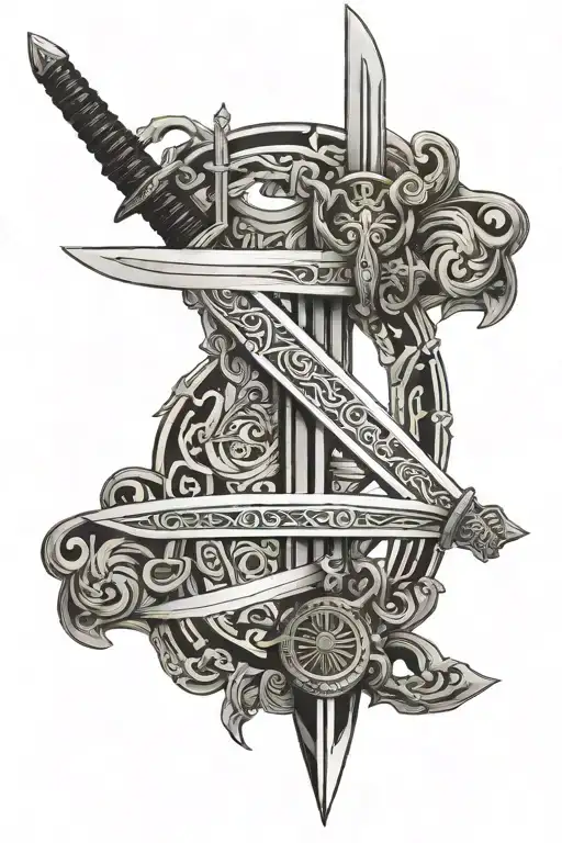 medival sword and katana side by side tattoo design idea