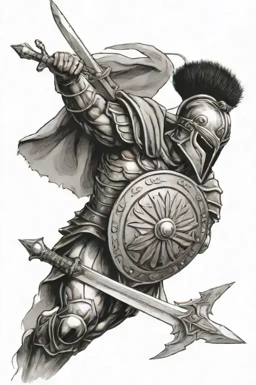 Spartan warrior in helmet with shield and sword (the helmet should be Spartan and the sketch should not show legs) (the  tattoo design idea