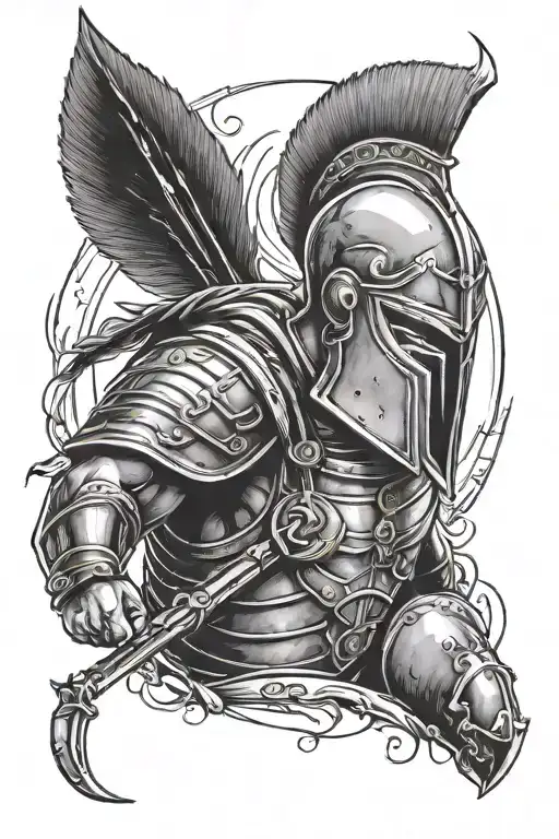 Spartan warrior with helmet, shield and sword (no legs should be visible and muscular arms and torso should be visible) tattoo design idea