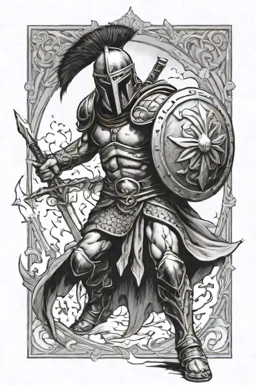 Spartan warrior with helmet, shield and sword (no legs should be visible and the warrior should be without armour) tattoo design idea