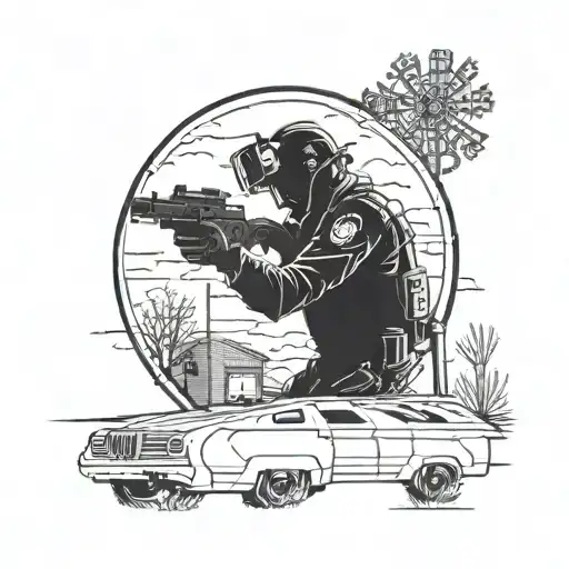A blackwork tattoo of a shooting range silhouette scene with a paramedic ambulance in the background tattoo design idea