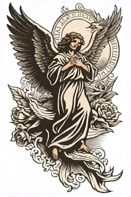 bible scripture with angel and doves flying with sun  tattoo design idea