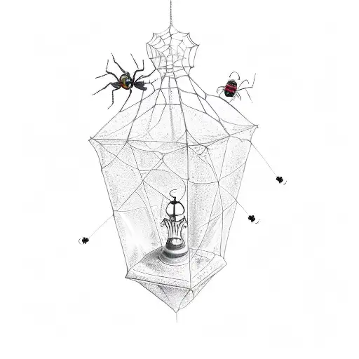 a lantern with spiders, ants, cockroaches on it. Dark weird design. Duality of life. A king chess piece. tattoo design idea