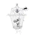 a lantern with spiders, ants, cockroaches on it. Dark weird design. Duality of life. A king chess piece. tattoo design idea