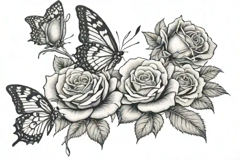 three roses with one butterfly resting.  the name Chris on top and 2/5/2023 on bottom  tattoo design idea