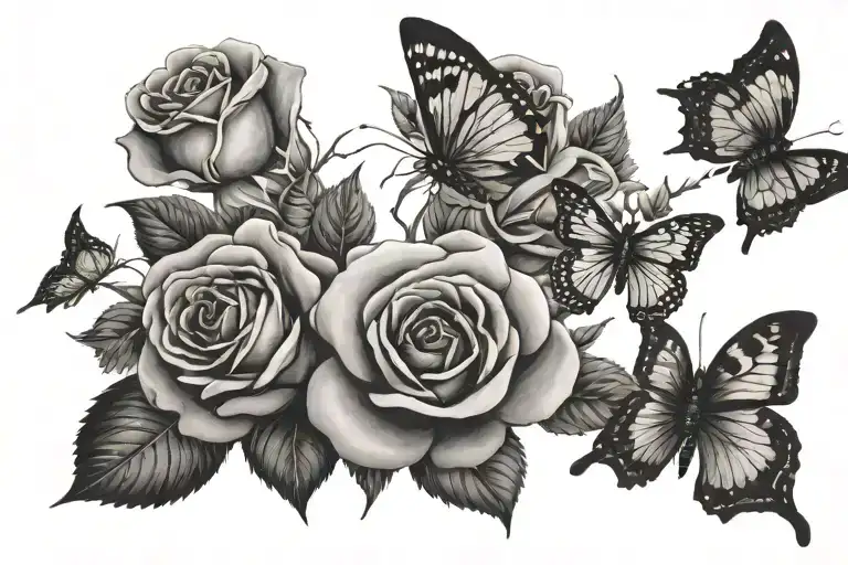 three roses with one butterfly resting tattoo design idea