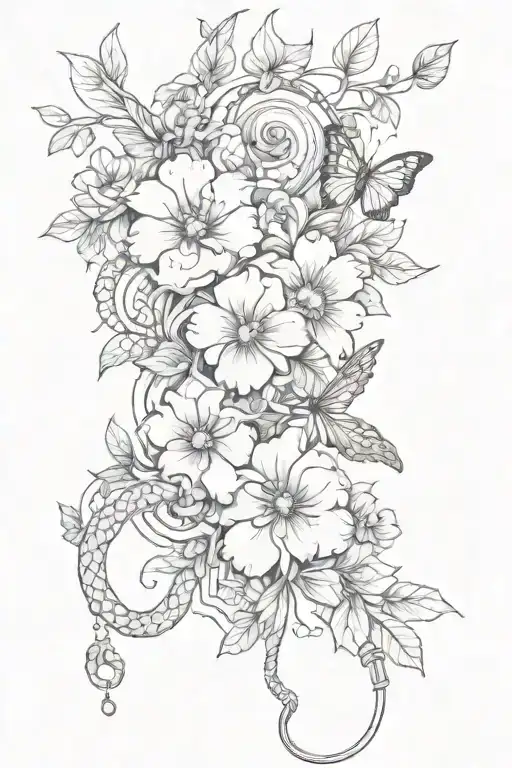hip to thigh tattoo design incorporating elements like flowers and snakes and butterflies  tattoo design idea