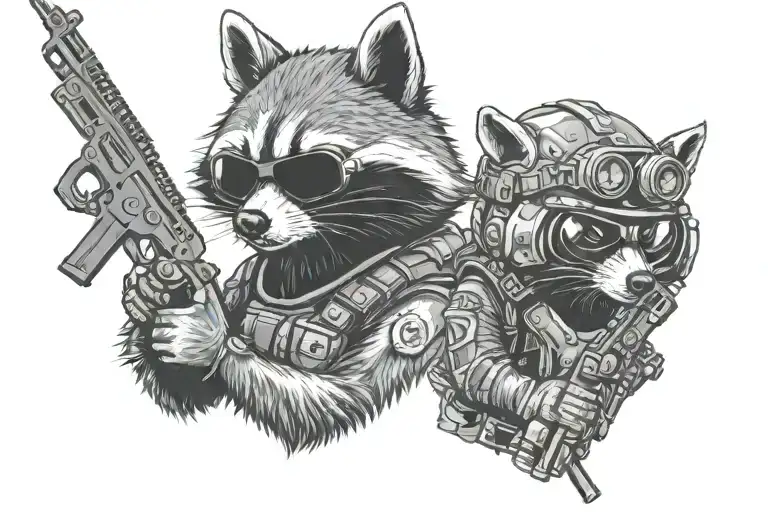 tactical raccoon holding gun and wearing helmet with night vision goggles tattoo design idea