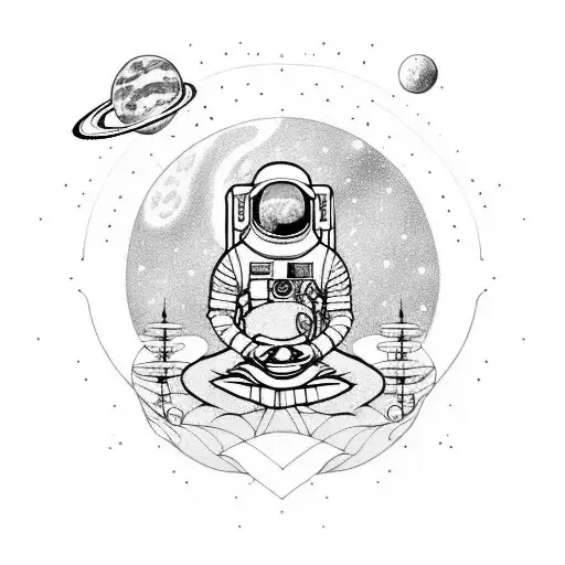 A serene scene of an astronaut meditating on a distant planet tattoo design idea