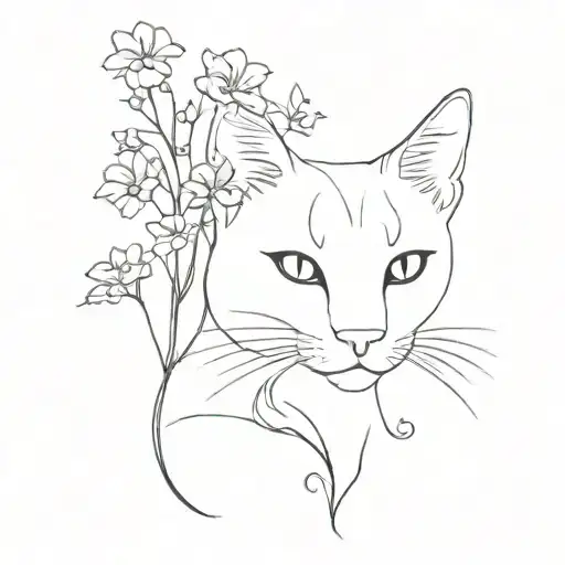 cat outline and forget me not flowers tattoo design idea