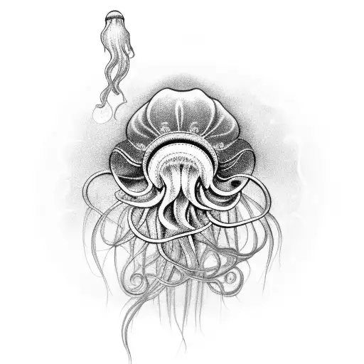 A black-grey tattoo of a majestic jellyfish with intricate tentacles and ethereal glow tattoo design idea