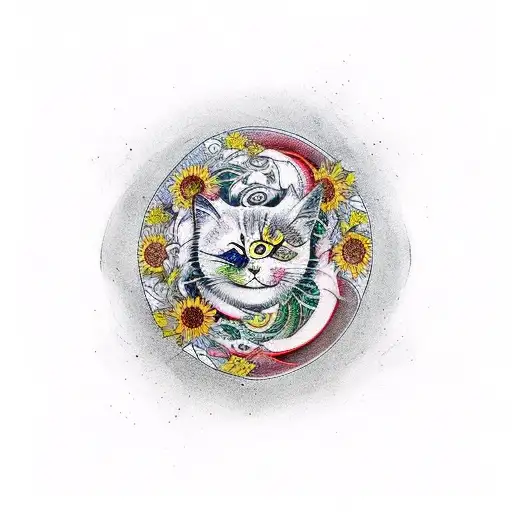 sunflower cat smoke Ying yang tattoo design idea