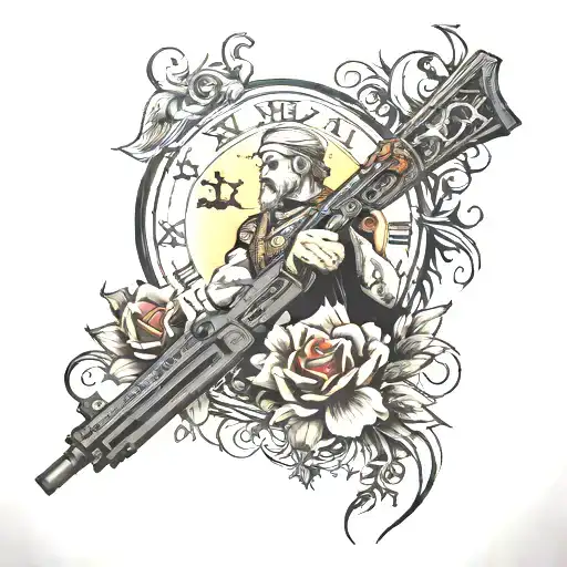 tattoo, Half sleeve, black and grey with color highlights, family, time, guns, nature, American patriot tattoo design idea