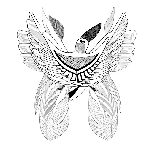 An abstract design of four birds in flight, each representing a different family member, with the names 'Genoveva' and 'Carolina' hidden within the feathers tattoo design idea