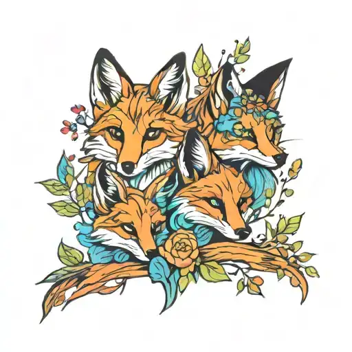 family of foxes forest colorful tattoo design idea