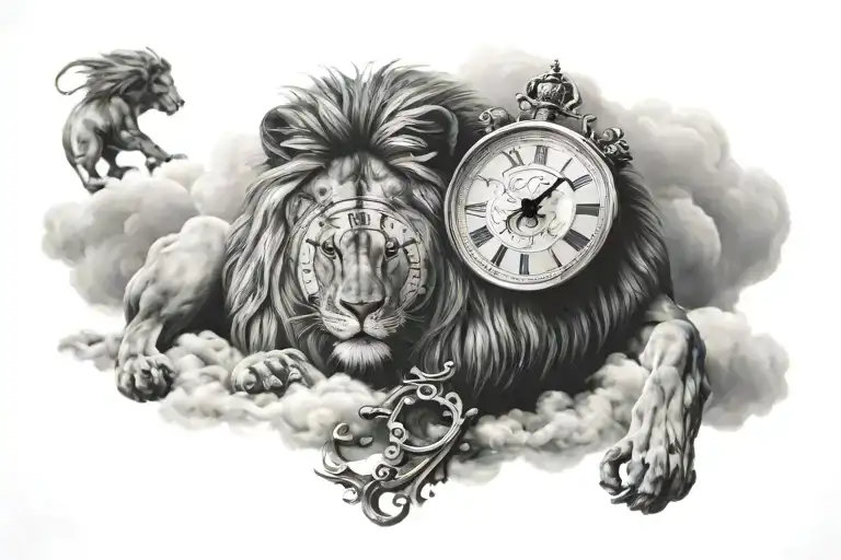 Cloud and lion and clock tattoo design idea