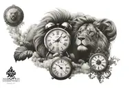 Cloud and lion and clock tattoo design idea