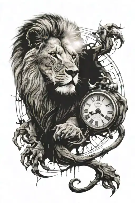 lion witha. fractured clock tattoo design idea