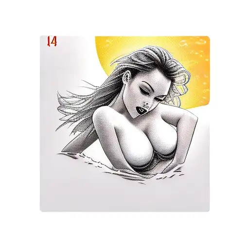 sexy girl in panties from the back in full growth, playing cards, ocean, sunset on the horizon  tattoo design idea