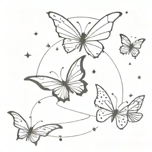 3 butterflies, one with wings opened, one with wings closed and one with wings half opened. stars around the butterflies tattoo design idea