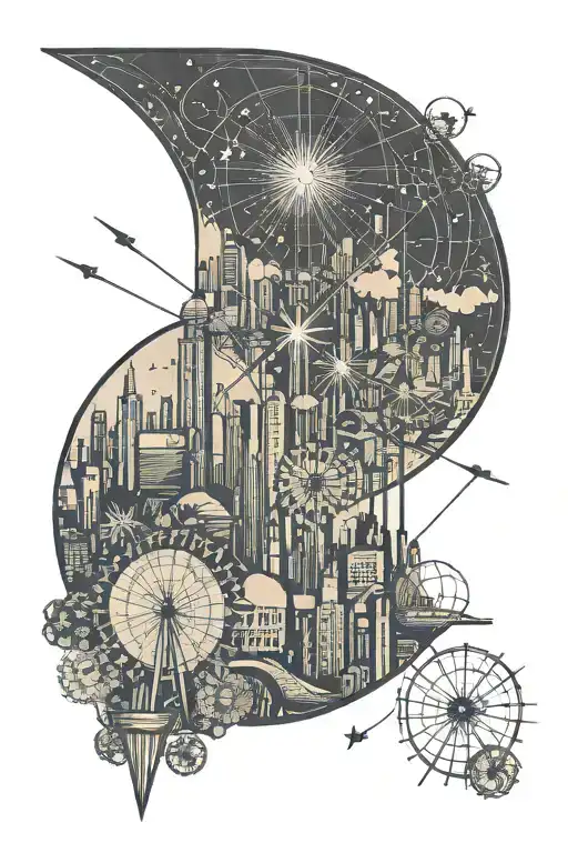 travel themed tattoo featuring cityscape with dandelion  tattoo design idea