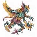 shoulder and chest, 3D frame, fairy tale of crowd dancing to colorful psychedelic electronic music tattoo design idea