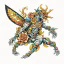 shoulder and chest, 3D frame, fairy tale of crowd dancing to colorful psychedelic electronic music tattoo design idea