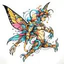 shoulder and chest, 3D frame, fairy tale of crowd dancing to colorful psychedelic electronic music tattoo design idea