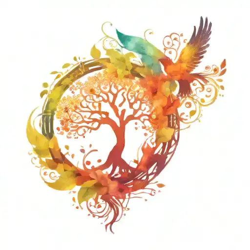 tree of life with a trunk made of dna with leaves that are a beautiful phoenix. no circle  tattoo design idea