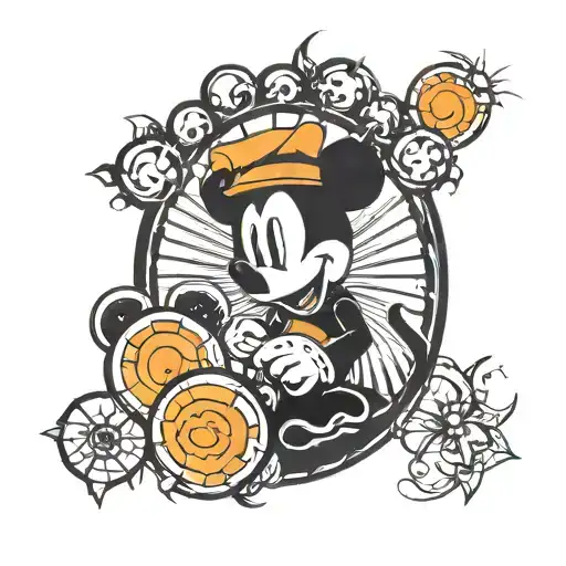 Orange sun with two bingo balls, I 22 and G47. The sun and balls shaped as a silhouette of Mickey Mouse. cats as clouds. tattoo design idea