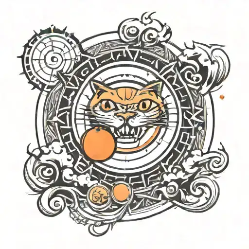 A orange sun with two bingo balls labeled I 22 and G47 placed above Sun. Black clouds shaped like cats tattoo design idea