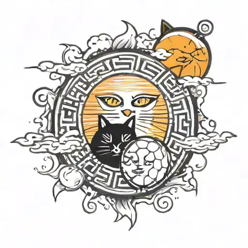 A orange sun with two bingo balls I 22 and G47 placed above Sun. Black clouds shaped like cats tattoo design idea