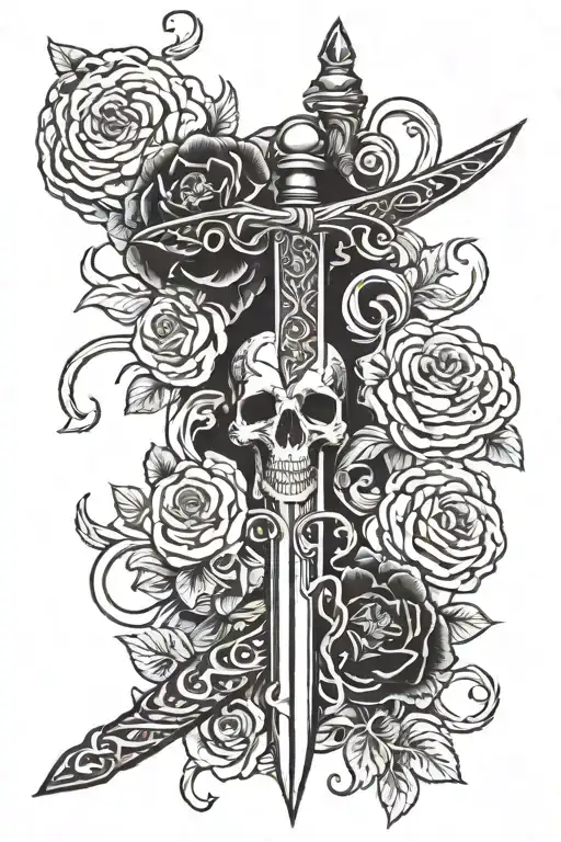 black and white flowers up top with sword and snake going down spine  tattoo design idea