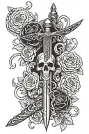 black and white flowers up top with sword and snake going down spine  tattoo design idea