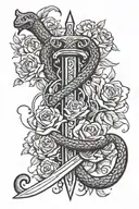 black and white flowers up top with sword and snake going down spine  tattoo design idea