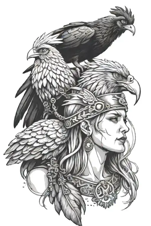 a bust of a crying Valkyrie warrior giving a necklace to one of Odin's ravens and a French rooster next to it tattoo design idea