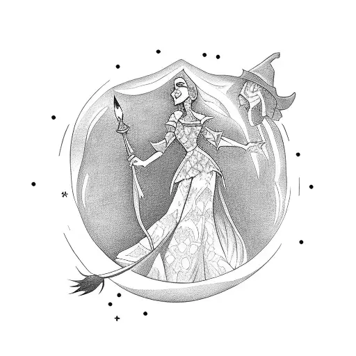 A tattoo of a witch casting a spell, surrounded by Disney villain silhouettes tattoo design idea