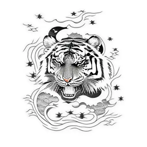 moonlight lake scene with stars, a tiger, 3 roses and a tree with vines tattoo design idea