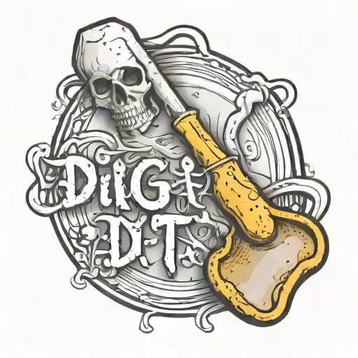 a plaster, with the text "dig it" written inside, crossed with a shovel  tattoo design idea