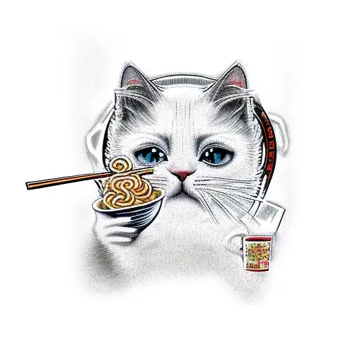 anime cute white cat eating ramen, vector graphic design, high detailed, 8k tattoo design idea